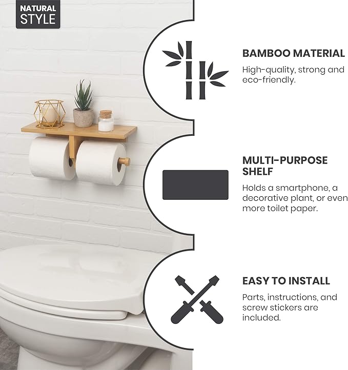 Modern Hanging Wall Mount Natural Bamboo Double Dual Toilet Paper Holder with Convenience Shelf Tray for Toilet Paper, Phone, Plants, Decor, and Other Accessories