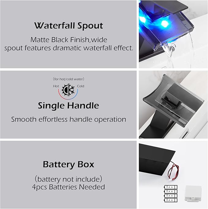Bathroom Black Faucet Waterfall LED Glass Spout with Overflow Drain Stopper Single Handle One Hole Deck Mount Modern Designer Bath Basin Sink Tap 3 Color Changing Battery Powered Lavatory Vanity
