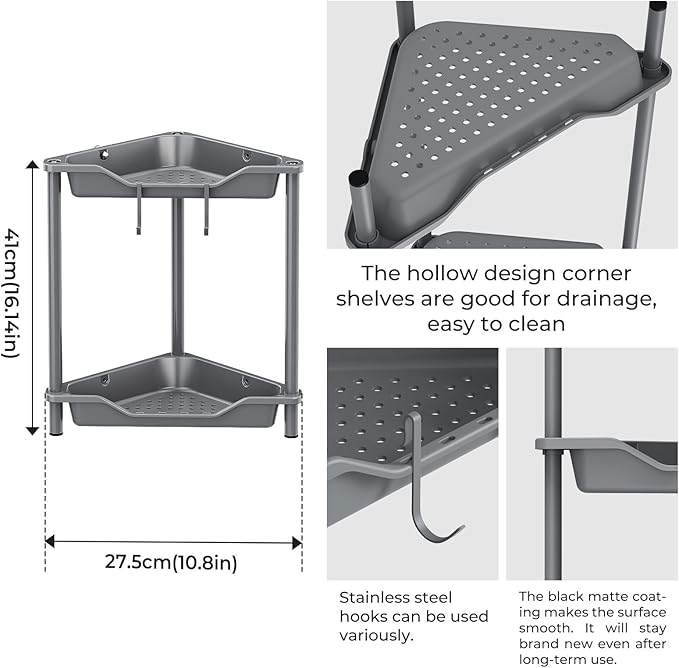ODesign 2 Tier Floor Standing Corner Shower Caddy Organizer Plastic Metal Splicing Shelf Storage Rack for Bathroom Grey - Rustproof
