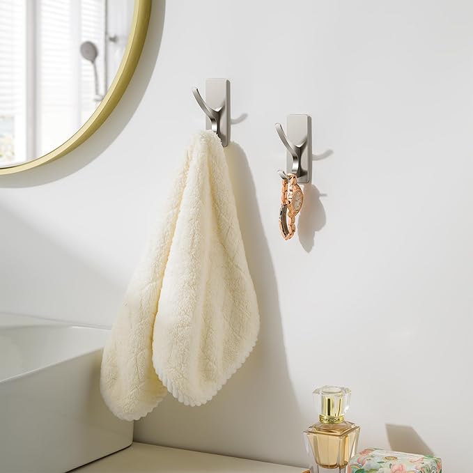10 Pack Self Adhesive Towel Hooks: Extra Strong 13LB, Stainless Hook for Hanging Loofah, Towels, Coat, Bath Robe Bathroom Shower, Brushed Nickel