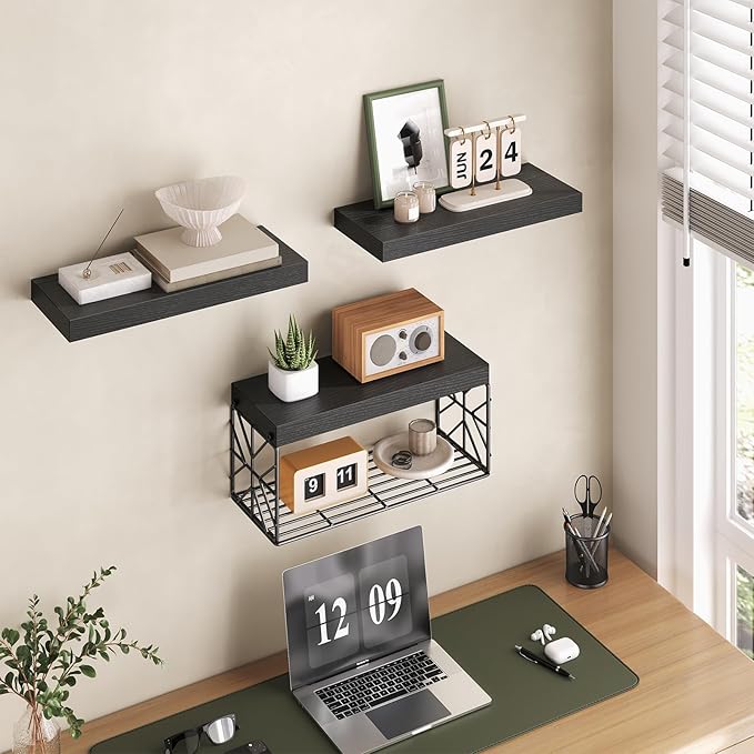 Bathroom Shelves Over Toilet Set of 3, Floating Shelves for Wall Toilet Paper Storage, 1.5" Thick Hanging Shelf, Farmhouse Wall Decor for Bathroom, Living Room, Office, Kitchen, Black 4001BJBB