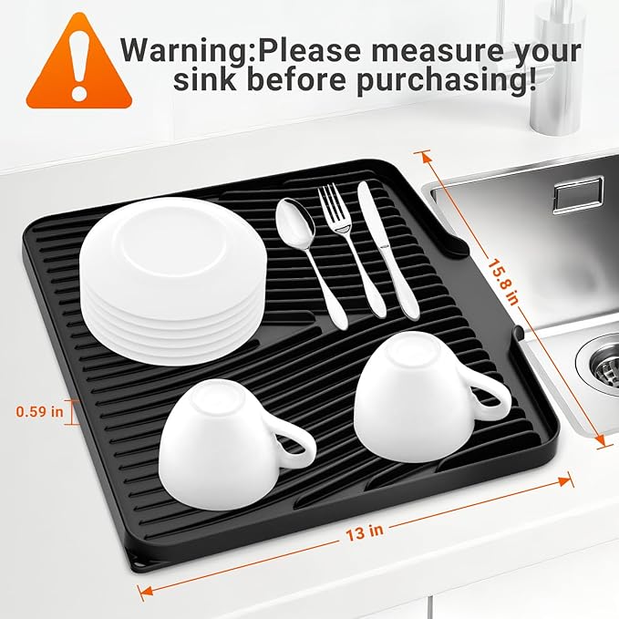 Silicone Dish Drying Mat for Kitchen Counter, 15.8" x 13"Dish Drying Pad, Non-Slip Drain Pad with Built-in Drain, Heat Resistant Stone Drying Mat, Black