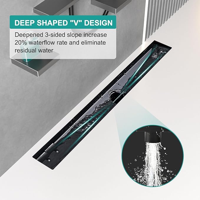 48 Inch Linear Drain Shower Rectangular Floor Drain with Removable Square Hole Cover and Hair Catcher, Long Shower Drains 304 Stainless Steel CUPC Certified (Matte Black)