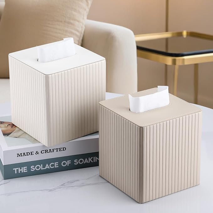 KINGFOM Square Pu Leather Tissue Box Cover, Modern Facial Tissue Holder, Roll Tissues Paper Case Dispenser for Bathroom Vanity Countertop, Night Stands, Office Desk (Off-White Strips)