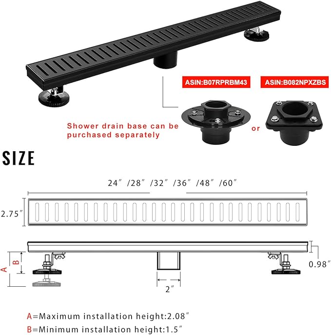 SaniteModar Linear Shower Drain 48 inch Matte Black with Removable Capsule Pattern Grate,Brushed 304 Stainless Steel Shower Drain Include Hair Strainer,Adjustable Leveling Feet