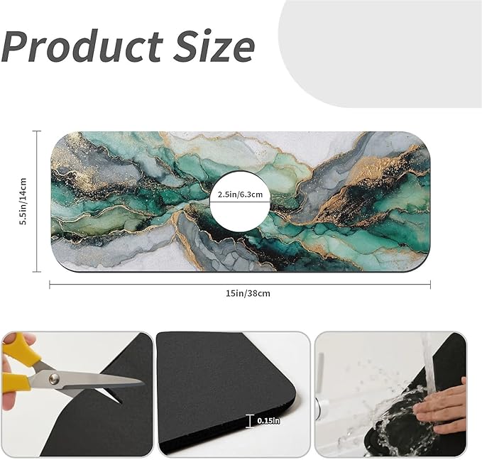 Kitchen Sink Splash Guard，Jade green white marble Faucet Mat Sink Gadgets-Super Absorbent Fast Drying Mat Drip Catcher for Kitchen, Bathroom,Sink Mat, Dish Drying Mat, Bathroom(15" X 5.5" )