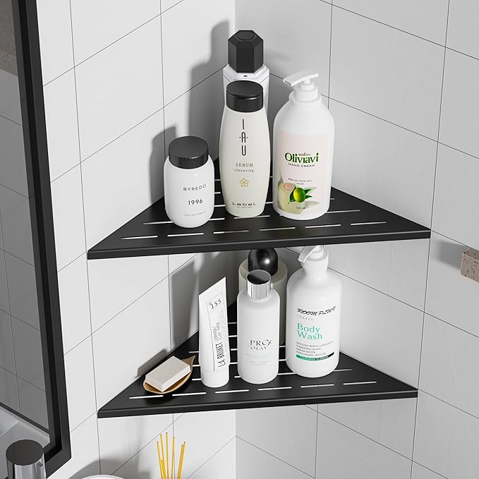 Neodrain 12 Inch Matte Black Corner Shelf Set of 2,Shower Shelves for Tile Wall Insert, 304 Stainless Steel Storage for Bathroom, No Drilling