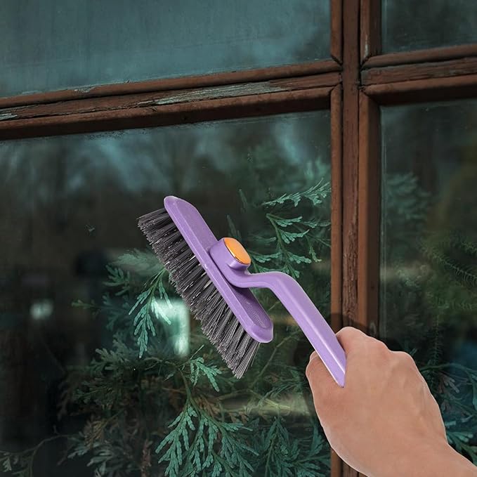 Hard Bristle Crevice Cleaning Brush Long Handle 360° Rotating Groove Scrubber for Bathroom Tiles, Sink, Window Tracks, and Small Space Cleaning Tools