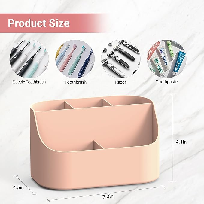 Toothbrush Holders for Bathrooms, Toothpaste and Electric Tooth Brush Holder Storage Caddy for Shower, 5 Slots Cute Bathroom Countertop Makeup Organizer for Vanity, Pink Bathroom Accessories Decor