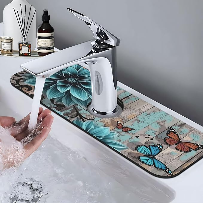 Blue Floral Butterfly 15" X 5.5" Kitchen Sink Splash Guard, Faucet Guard Draining Mat, Faucet Suction Pad For Kitchen Bathroom