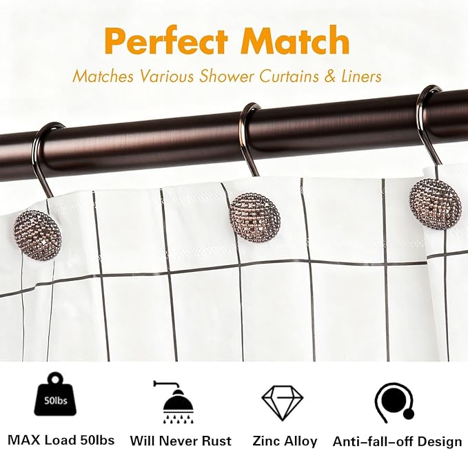 Pearlbee Bronze Shower Curtain Hooks Rings,Oil Rubbed Bronze Decorative Shower Curtain Hooks,Rustproof Vintage Shower Hooks for Bathroom,Set of 12