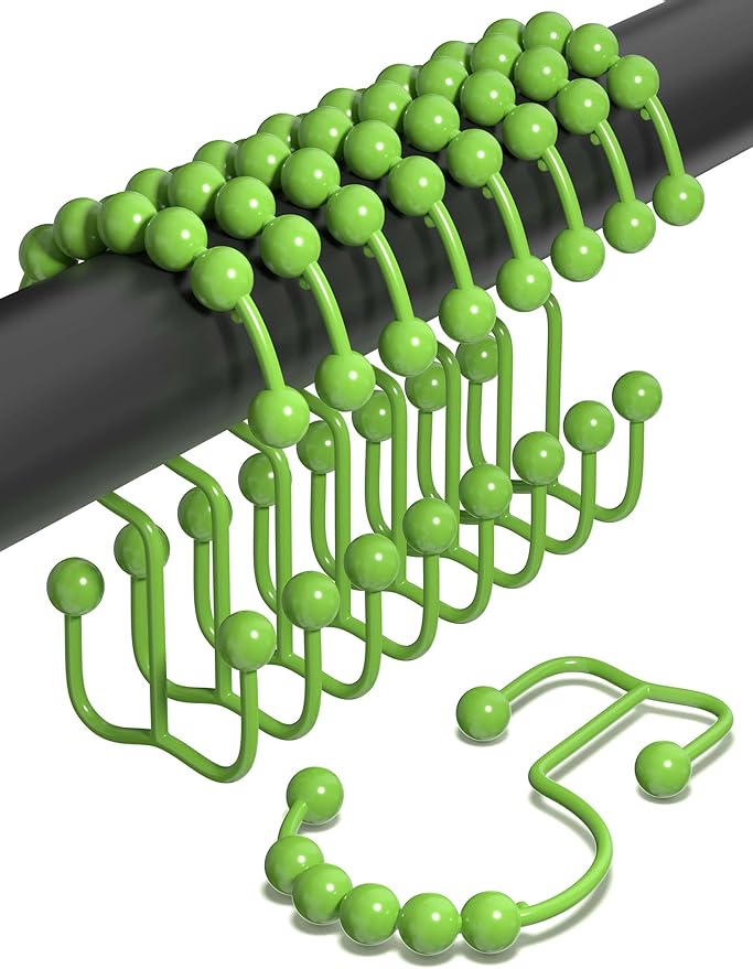 Shower Curtain Hooks Rust Proof (Set of 12) - Stainless Steel Shower Curtain Rings - Anti Slip Roller Balls for Easy Glide (Double Anchor Hooks, Lime Green)