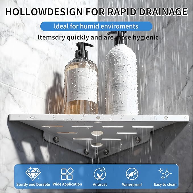2 Pack Corner Shower Shelf,304 Stainless Steel Bathroom Shelves Add 6 Hooks 40 lbs Heavy Duty Capacity Durable Shower Shelf for Inside Shower Drilling Installation (White)