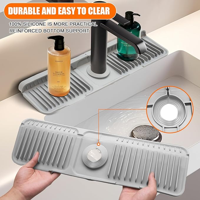 Gray 24" Button Style Faucet Drip Catcher – Silicone Faucet Mat for Kitchen Sink, Leak-Proof Splash Guard with 6° Slope | Behind Faucet Draining Mat Easy Gadgets for Bathroom Kitchen Countertops