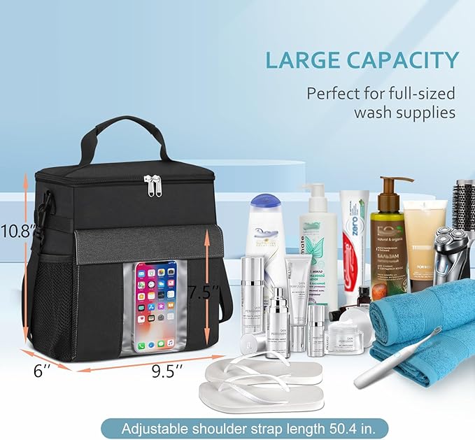 Portable Shower Caddy Tote Bag, Large Quick Dry Mesh Hanging Shower Organizer Toiletry Bag with Wet & Dry Shoes Compartment for College Dorm Gym Swimming Camping Travel, Black