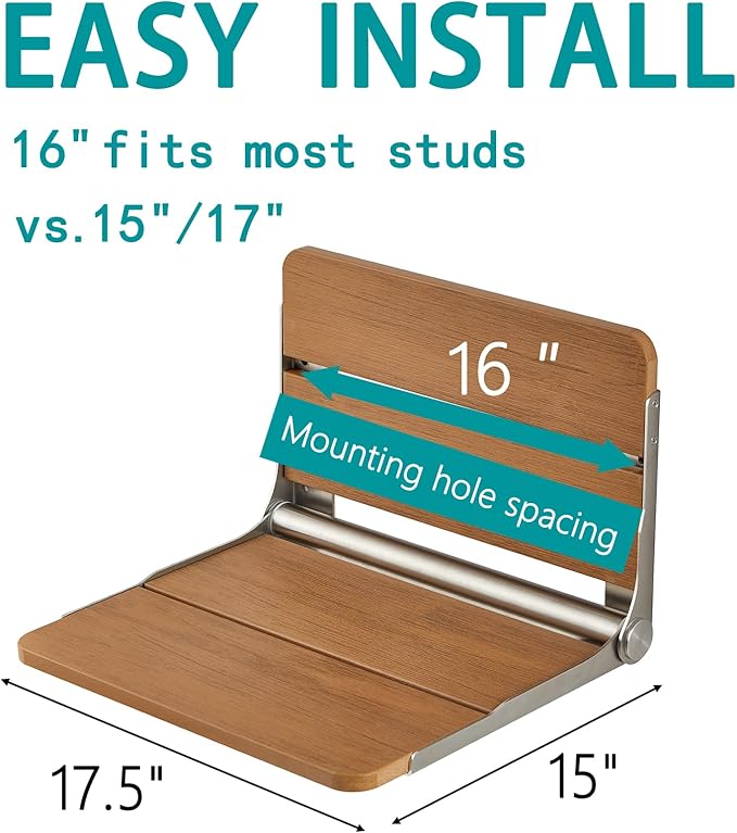 17.5'' Wall Mounted Folding Shower Bench Seat, HDPS Foldable Shower Stool for Inside, Waterproof Fold Down Bath Seating Chair, Brown, Weight Capacity 400LBS