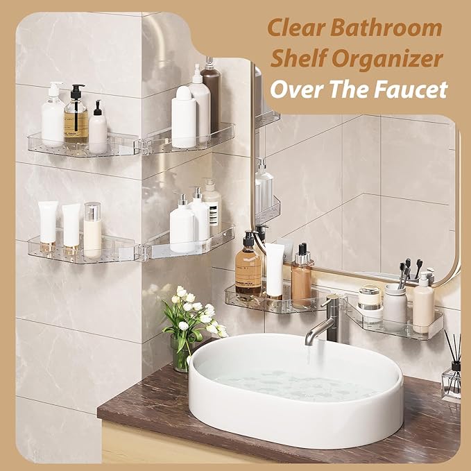 Shower Shelf Adhesive, Acrylic Corner Shower Caddy Hanging for Bathroom Kitchen Organization, Rotatable No Drilling Bathroom Shelves Shower Storage with Drainage Holes
