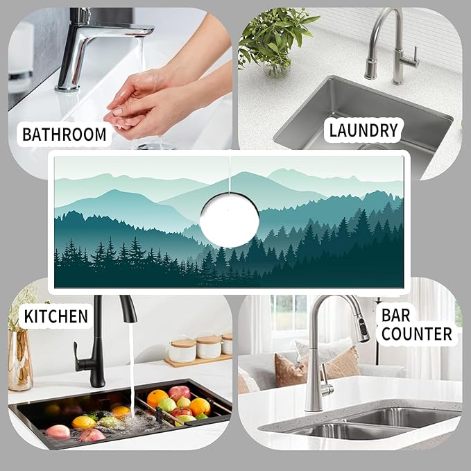 Absorbent Splash Guard Mat for Kitchen Sink, 15×5.5 Inch Cute Fast Drying Drip Catcher Behind Faucet Mat, Non-Slip, Washable Sink Mat Gadgets for Bathroom, Kitchen, Bar Blue Mountains