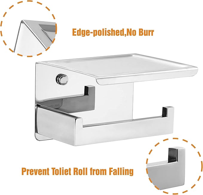 HITSLAM Toilet Paper Holder with Shelf, Stick on Chrome Tissue Roll Holder Self Adhesive or Wall-Mount with Storage Shelf for Bathroom
