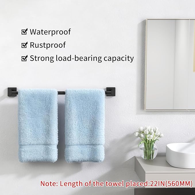 MKO Towel Bar for Bathroom, 24" Hand Towel Holder Rod with Metal, Black Towel Racks for Bathroom Hanger Wall Mounted for Home Essentials, 2 Pack