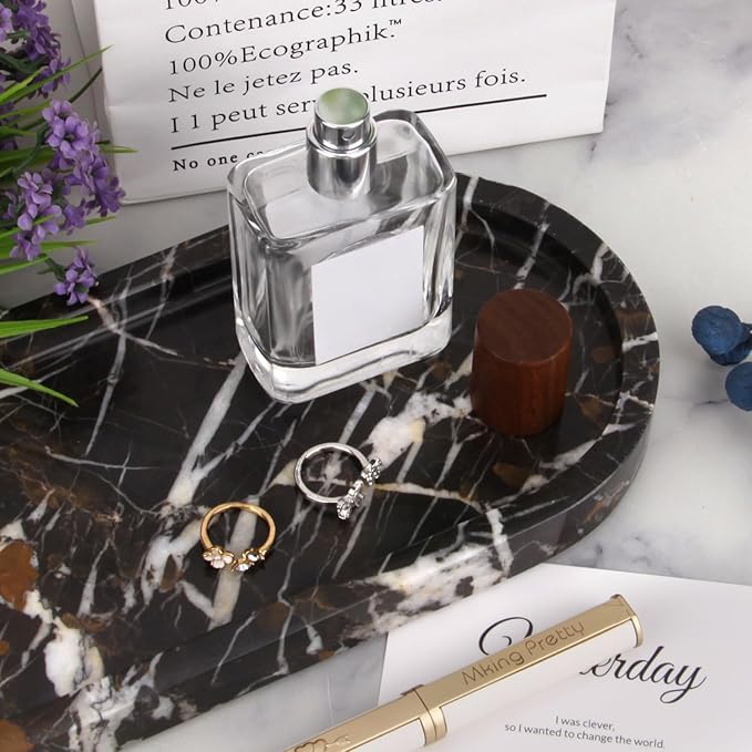 Oval Marble Bathroom Vanity Tray, Natural Luxury Marble Home Kitchen Bathroom Table Tray, Stone Decorative Countertop Serving Trays for Coffee Perfume Jewelry Makeup