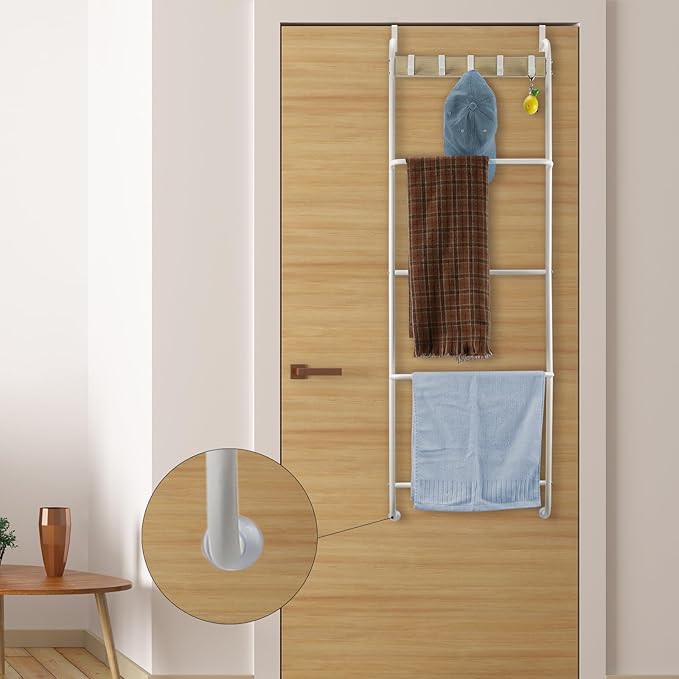 Over The Door Towel Rack, Back of Door Towel Rack, White Over The Door Hanger, Bathroom Behind Door Towel Holder with Hooks, Towel Bar Door Rack Hanger for Bedroom