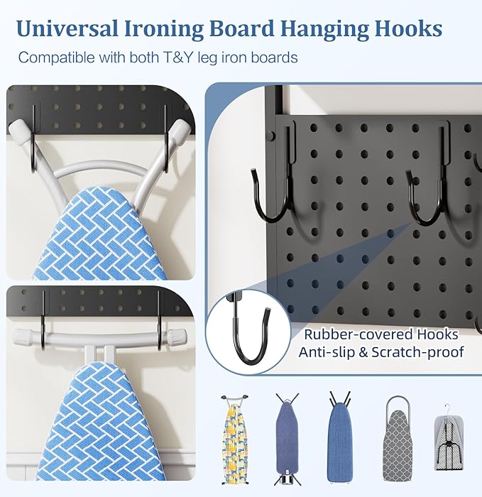 Ironing Board Hanger Wall Mount with Cleaning Supplies Organizer, Laundry Room Organization Storage Shelf with Iron Stand & Broom Mop Holder Hooks, Utility Rack for Home Garage Kitchen