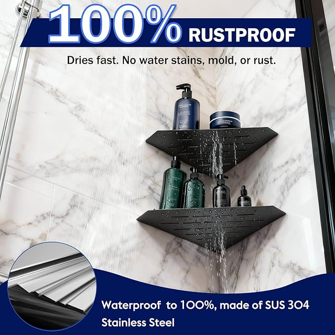 10" Corner Shower Shelf 2 Pcs Matte Black 304 Stainless Steel Diamond Heavy Duty Floating Corner Shelves Slot Design Recessed Bathroom Shower Shelf for 90° Tiled Wall, No Drilling Needed