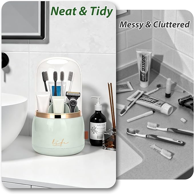 360 Rotating Toothbrush Holder with Cover, 7-Slot Bathroom Organizer with Drainage for Electric Toothbrushes & Toothpaste, Countertop Vanity Storage for Makeup Brushes