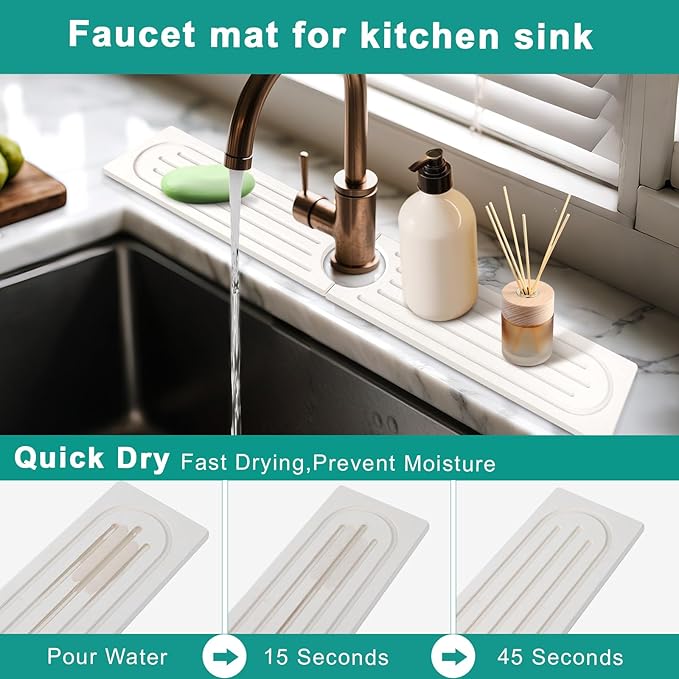 23.6”Drying Stone Faucet Mat for Kitchen Sink-Diatomite Quick Dry Kitchen Sink Splash Guard, Water Absorbent Diatomite Stone Tray,Durable Protector for Bathroom Counter (White, 23.6" X 3.9")