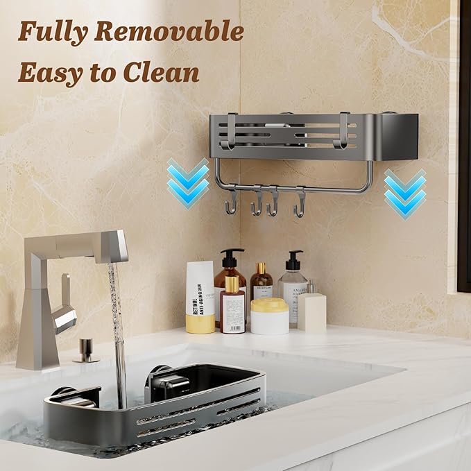 Shower Caddy Suction Cup, 2 Pack No Drilling Square Shower Shelves Aluminum Removable Bathroom Suction Showers Organizer Storage Rack with Towel Bar & Hooks(Gray)