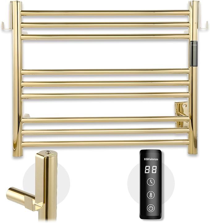 K&KALONZO Towel Warmer for Bathroom, Wall-Mounted 9-Bar Heated Towel Rack with Built-in Timer, Waterproof Electric Towel Heater, Support Plug-in and Hardwired, Polished Gold, EL13S