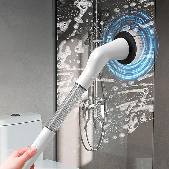 Generic Electric 𝑠𝑝𝑖𝑛 Cleaning Brush, Rechargeable Cleaning Brushes with 5 Replaceable Brush Heads, Adjustable Handle Electric Cleaning Brush, for Bathroom Bathtub and Tile Floors, White