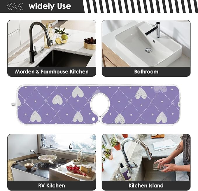 2 PCS Kitchen Sink Splash Guard 14.9 Inch Faucet Mat for Kitchen Sink Bathroom Sink Faucet Absorbing Drip Drain Mat Pad Microfiber Soft Washable Valentine Purple Colorful Hearts