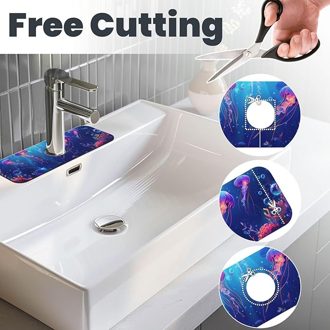 Faucet Draining Mat For Kitchen Sink, Ocean Jellyfish Corals Diatom Mud Absorbent Drain Pad For Bathroom Kitchen Sink Splash Guard Drying Mat