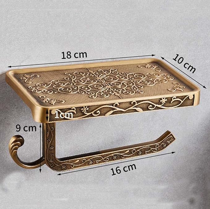Vintage Carved Floral Toilet Paper Holder with Shelf - Crisp White Aluminum Bathroom Organizer, Wall Mounted Decorative Roll Holder for Bathroom/Vanity (7.24" Phone Shelf, Rust-Proof Finish)