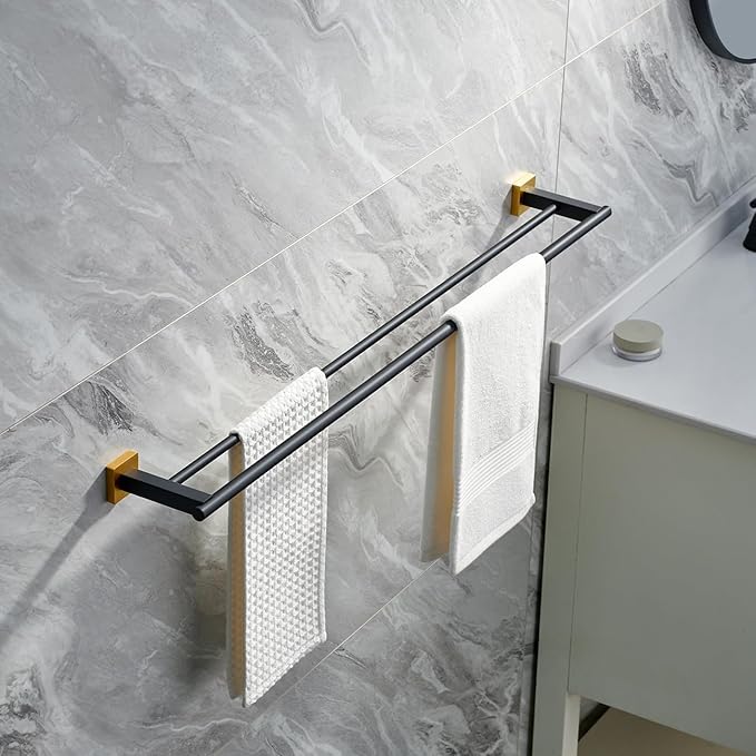 Miyili Double Bath Towel Bar Stainless Steel 36-Inch Hand Towel Rack for Bathroom Wall Mount Black & Gold, A02BG90B