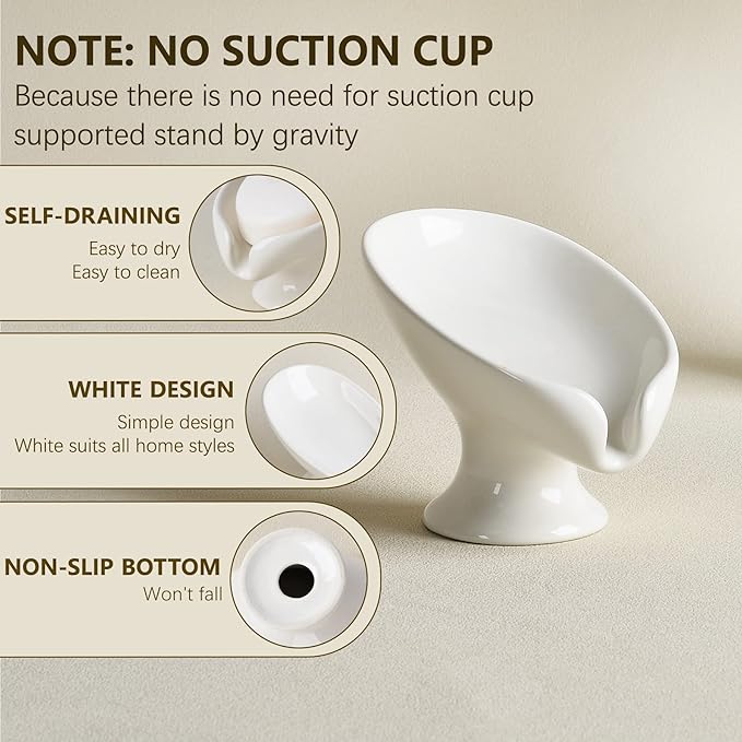 Soap Dish Set, Self Draining Bar Soap Holder for Bathroom Sink, Leaf Shaped Drainage Soap Dish Ceramic White Porcelain Decorative Soap Dishes 2PCS, ANTIS'S HOME