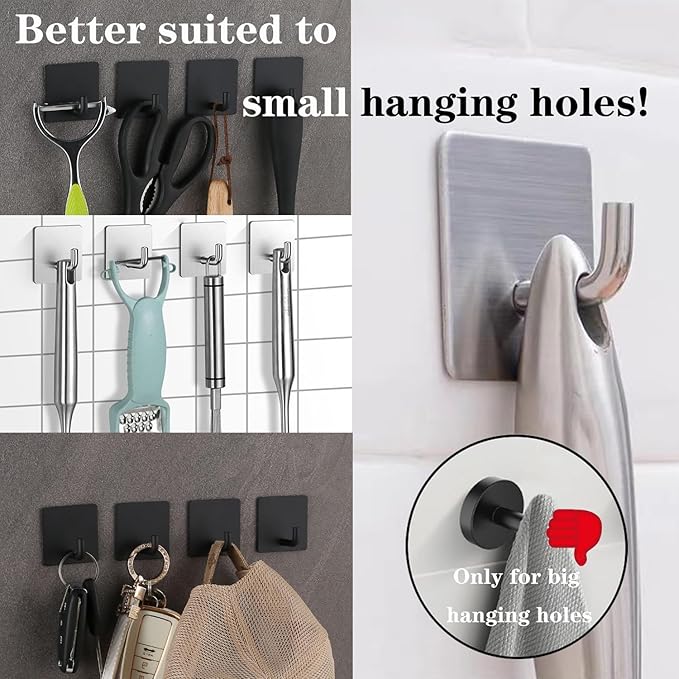 Bath Towel Hooks - 4 Pack Strong Self Adhesive Coat/Clothes Hooks, No Drilling Sticky Hooks, Heavy Duty 304 Stainless Steel Shower Wall Hook for Bathroom Kitchen Bedroom(Brushed Nickel)