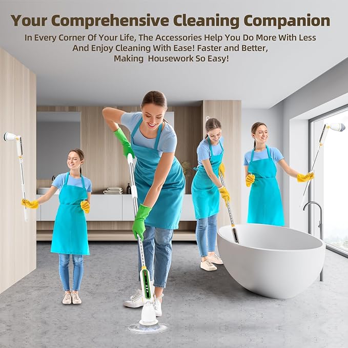 Electric Spin Scrubber, Quiet Cordless Power Scrubber, Electric Cleaning Brush with 8 Replaceable Heads, Adjustable Extendable Pole, Shower Scrubber with Long Handle for Bathroom