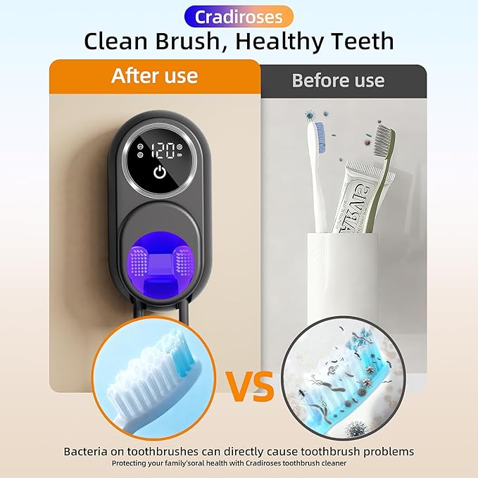 Black UV Toothbrush Sanitizer Holder - 2 Slots Auto-Sensor Wall-Mount with LED Smart Screen, Heated Fan Drying, Rechargeable for Bathroom