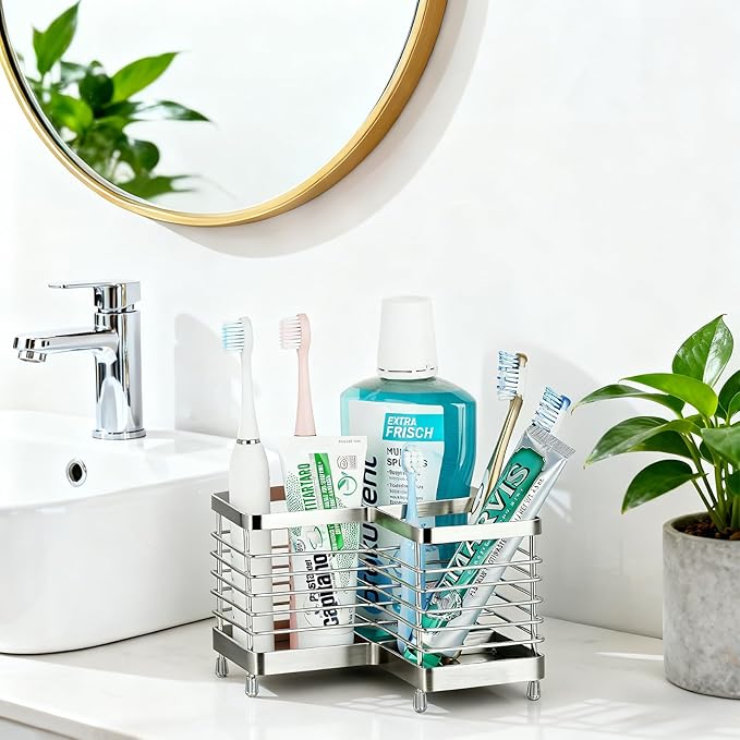 MYITYARD Toothbrush Holders for Bathrooms, Stainless Steel Electric Toothbrush and Toothpaste Organizer, Toothpaste Holder Stand, Bathroom Accessories for Countertop, 3 Slots Silver