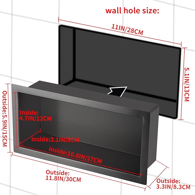 12"×6" Shower Niche Brushed Stainless Steel, Recessed Shower Caddy, Bathroom Shelf Insert Fits for 11"x5.1" Wall Hole Installation (Light Black)