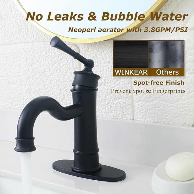 Roman Bathroom Sink Faucet Matte Black Single Hole Deck-Mount Pop-up Drain Assembly with Overflow Deck Plate and Water Supply Lines Included