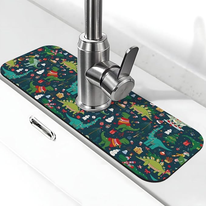 Christmas Dinosaur Tree Xmas Green Kitchen Sink Splash Guard Faucet Mat 1 Pcs, Absorbent Fast Drying Mat Gadgets Splash Guard For Bathroom 15 X 5.5 Inches