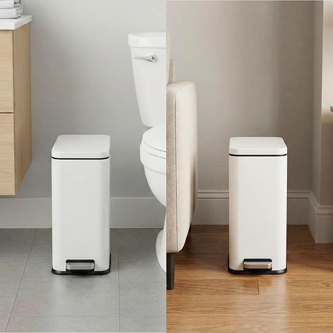 iTouchless 3 Gallon Slim Bathroom Trash Can with Lid & Odor Filter, Soft-Step Steel Pedal Bin for Narrow Spaces, Durable Metal Wastebasket for Powder Room, Nursery, & Minimalist Decor – Matte White