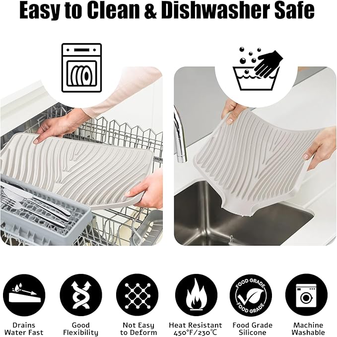 Silicone Dish Drying Mat for Kitchen Counter, Dish Drying Pad, Non-Slip Drain Pad with Built-in Drain, Heat Resistant Stone Drying Mat(16" x 12", Cream)