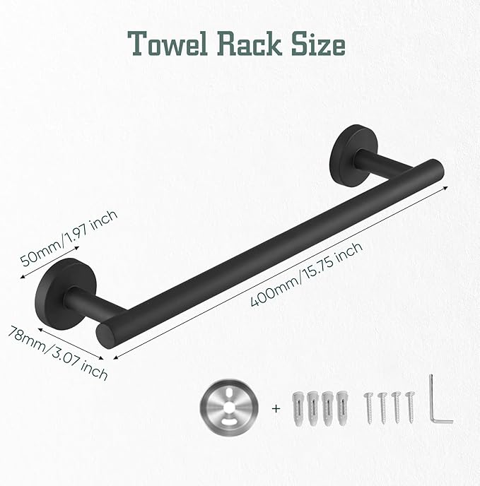 16 Inch Towel Bar, Towel Rack for Bathroom, Stainless Steel Wall Mounted Towel Holder Modern Home Decor Bathroom Accessories, Matte Black