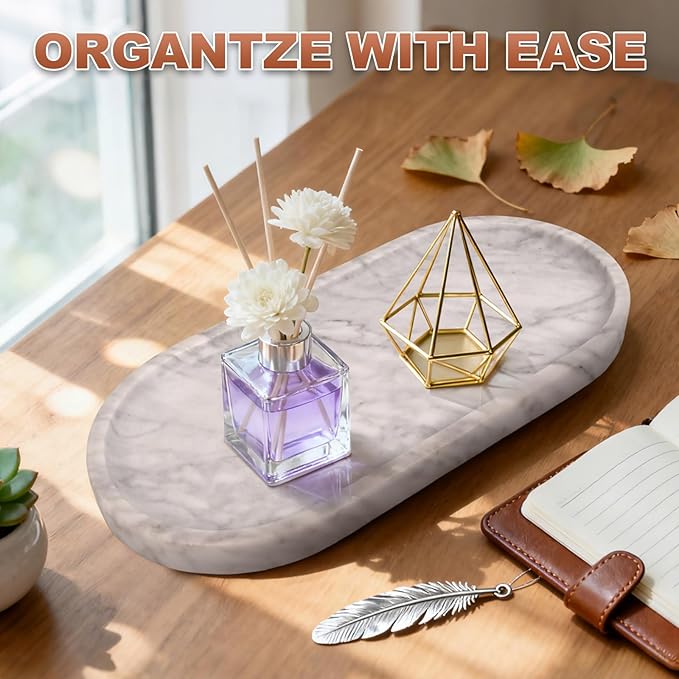 YKAJO Marble Tray 11.6"x5.9" White Gray Vanity Decorative for Countertop Catchall for Perfume Candles Jewelry Dish Perfume Trays for Vanity Bathroom Decorative Tray for Kitchen Counter