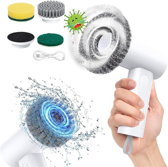 KtEli Electric Spin Scrubber, 2 Speeds Electric Cleaning Brush, Cordless Shower Cleaning Brush with 4 Brush Heads | Versatile Power Scrubber for Bathroom, Shower, Tub, Tile, and Car, White